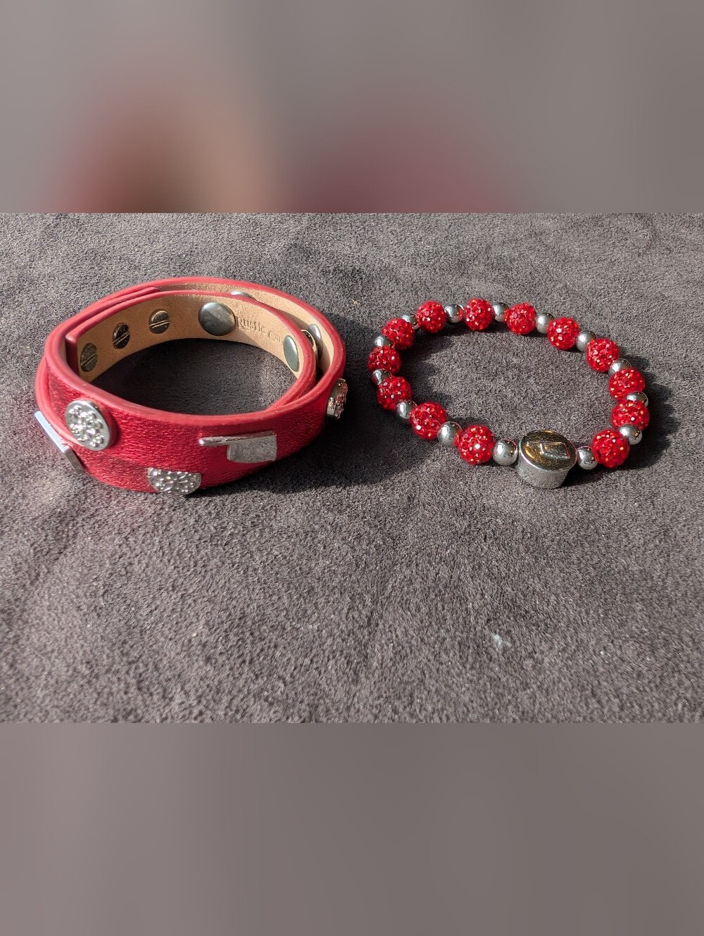 Rustic Cuff Oklahoma Red Crystal Beaded and Leather Wrap Stud Bracelet Set